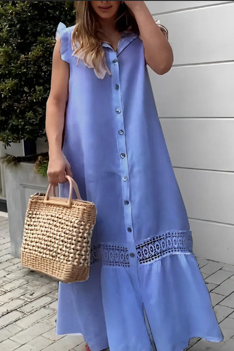 Ruffle Single-breasted Crochet Patchwork Cotton Dress