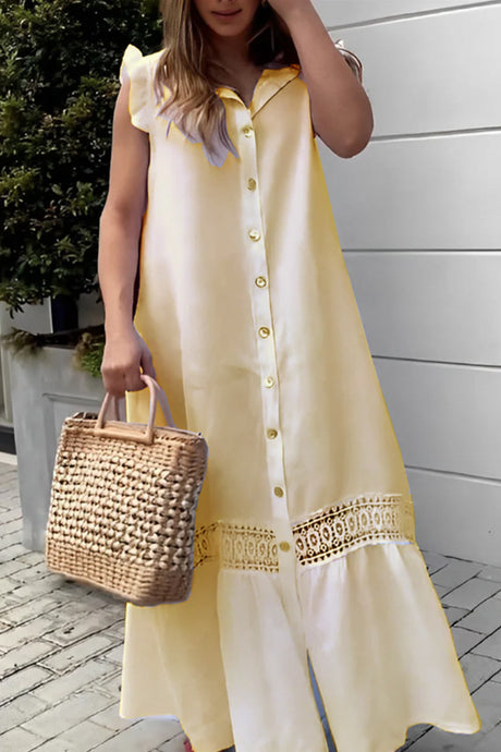 Ruffle Single-breasted Crochet Patchwork Cotton Dress