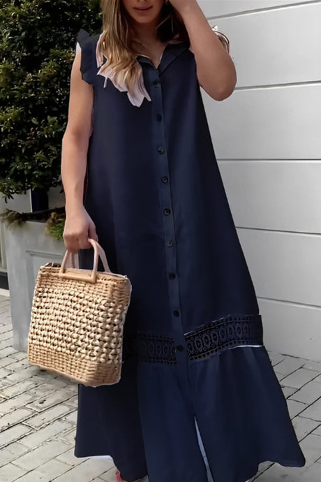 Ruffle Single-breasted Crochet Patchwork Cotton Dress