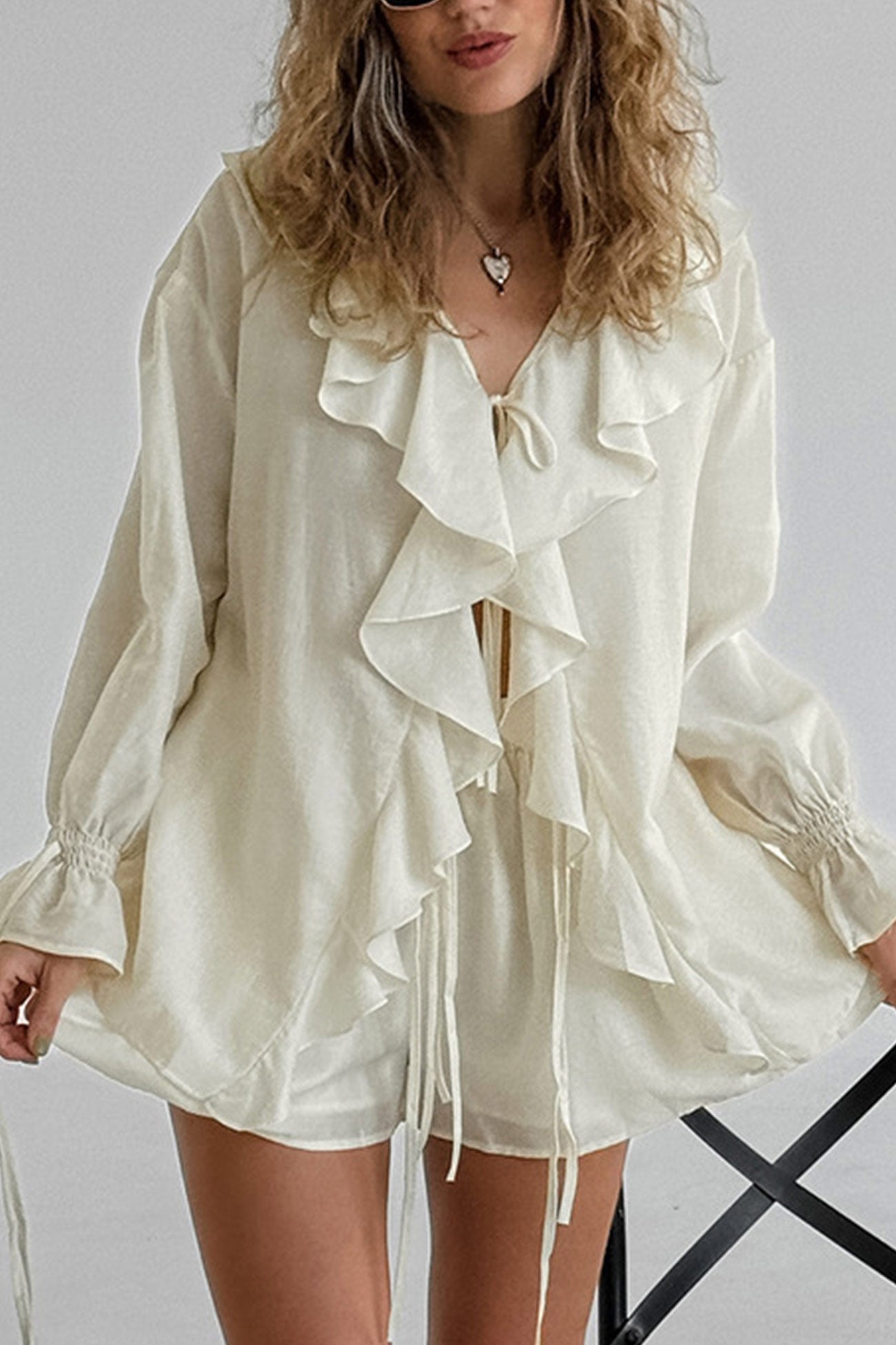Arolora Ruffle Tie-up Sweet Shirt Set