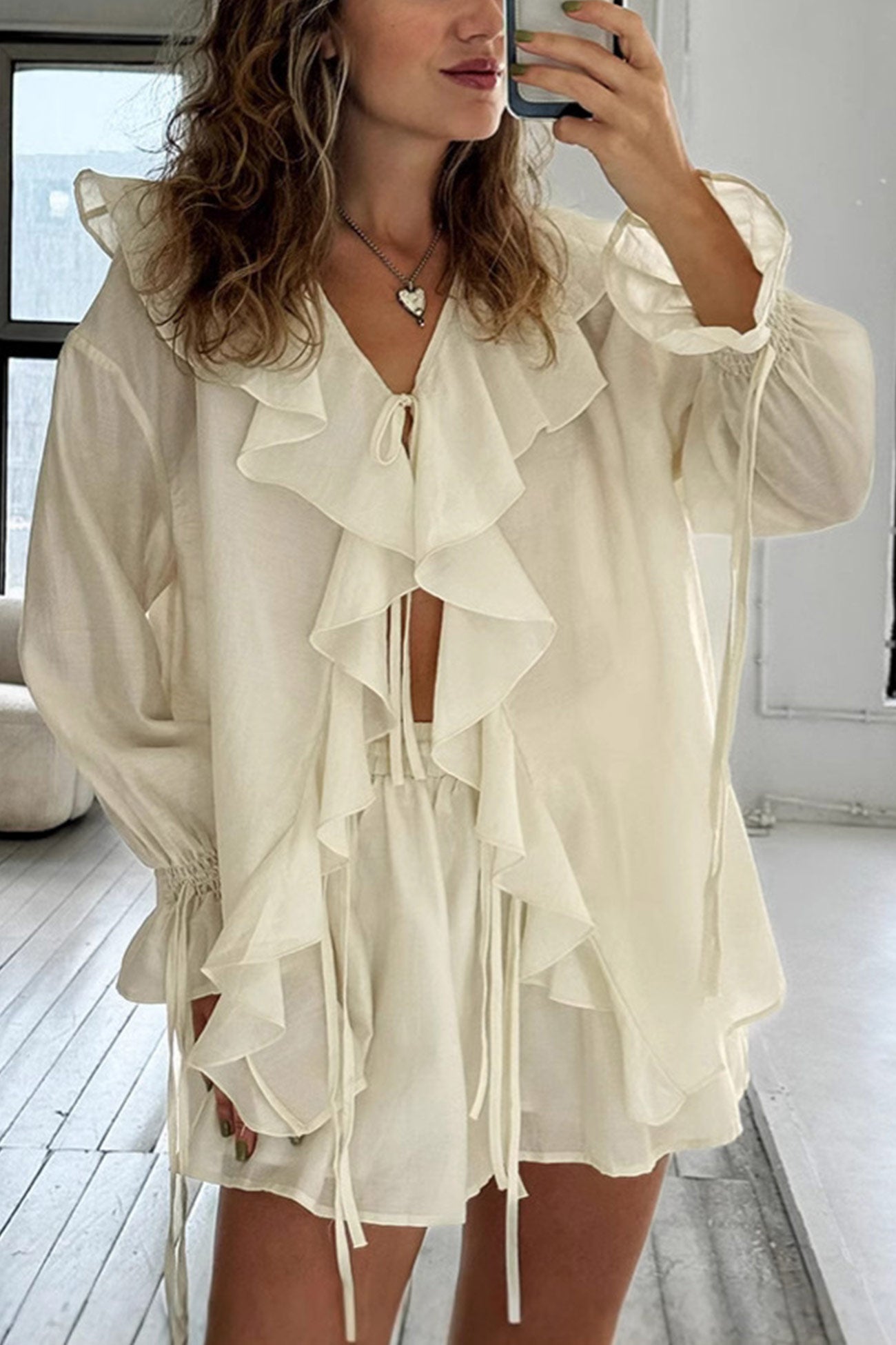 Arolora Ruffle Tie-up Sweet Shirt Set