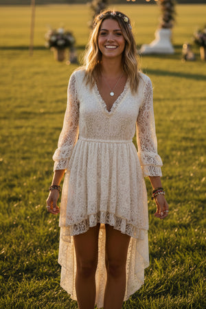 Ruffled Sleeve High-Low Vintage Lace Dress