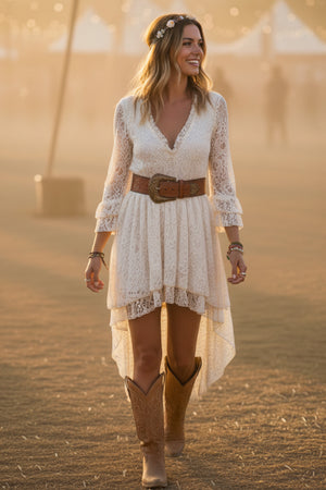 Ruffled Sleeve High-Low Vintage Lace Dress