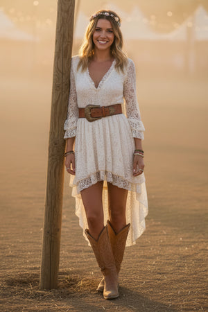 Ruffled Sleeve High-Low Vintage Lace Dress