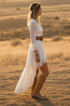 Ruffled Sleeve High-Low Vintage Lace Dress