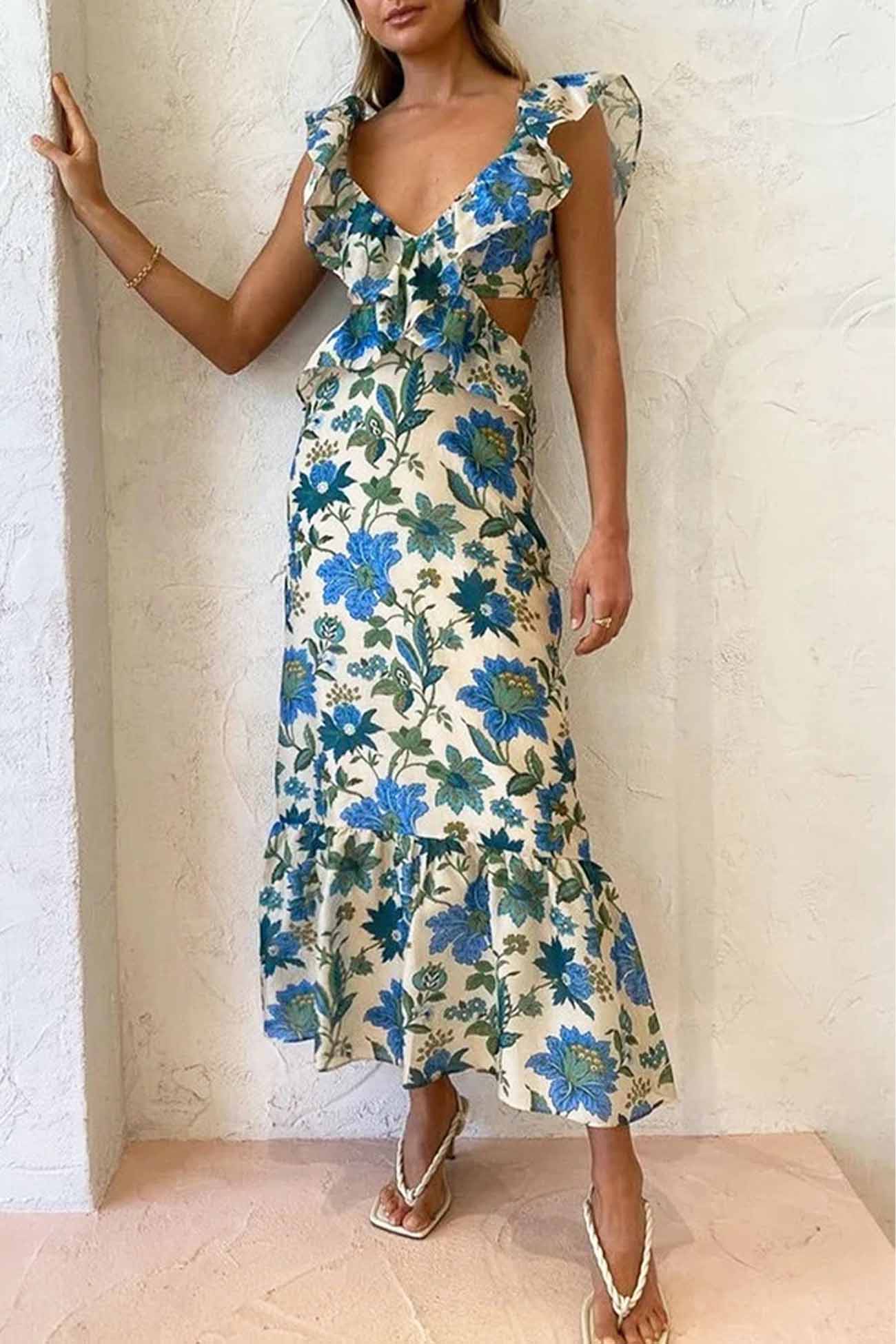 Ruffled Cutout Floral Printed Lace Up Dress - Orange / M Ruffled Cutout Floral Printed Lace Up Dress - Orange / M