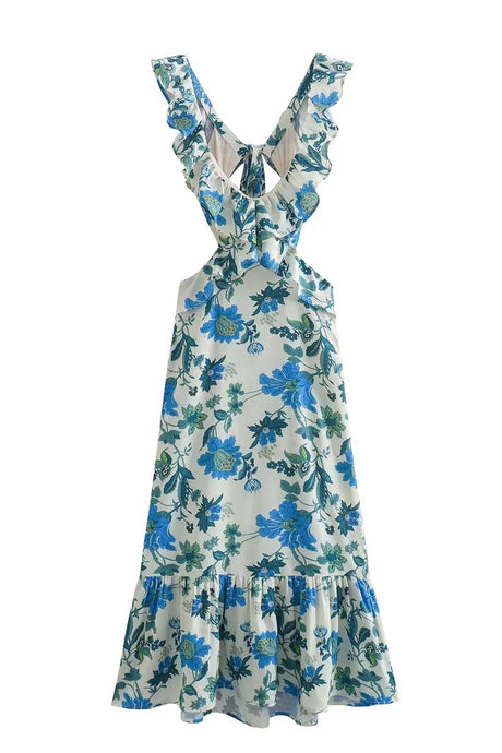 Ruffled Cutout Floral Printed Lace Up Dress