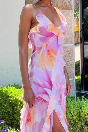 Ruffled Floral Printed Backless Cami Dress