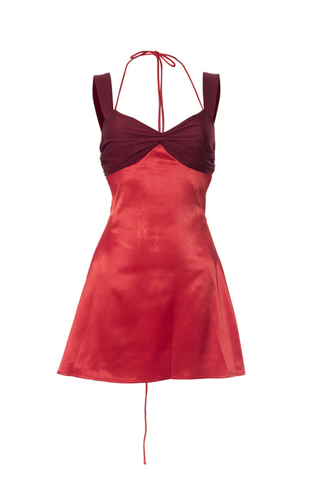 Arolora Satin Contrast Color Tie-up Cami Dress