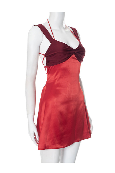 Arolora Satin Contrast Color Tie-up Cami Dress
