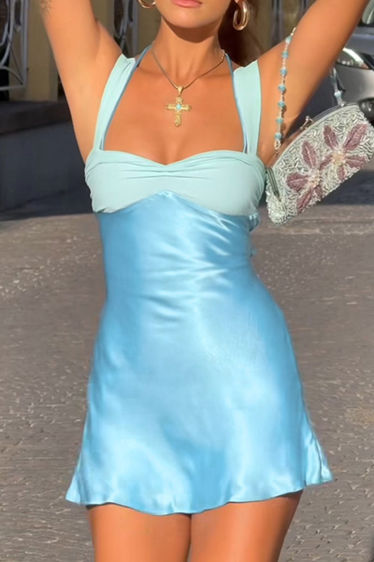 Arolora Satin Contrast Color Tie-up Cami Dress