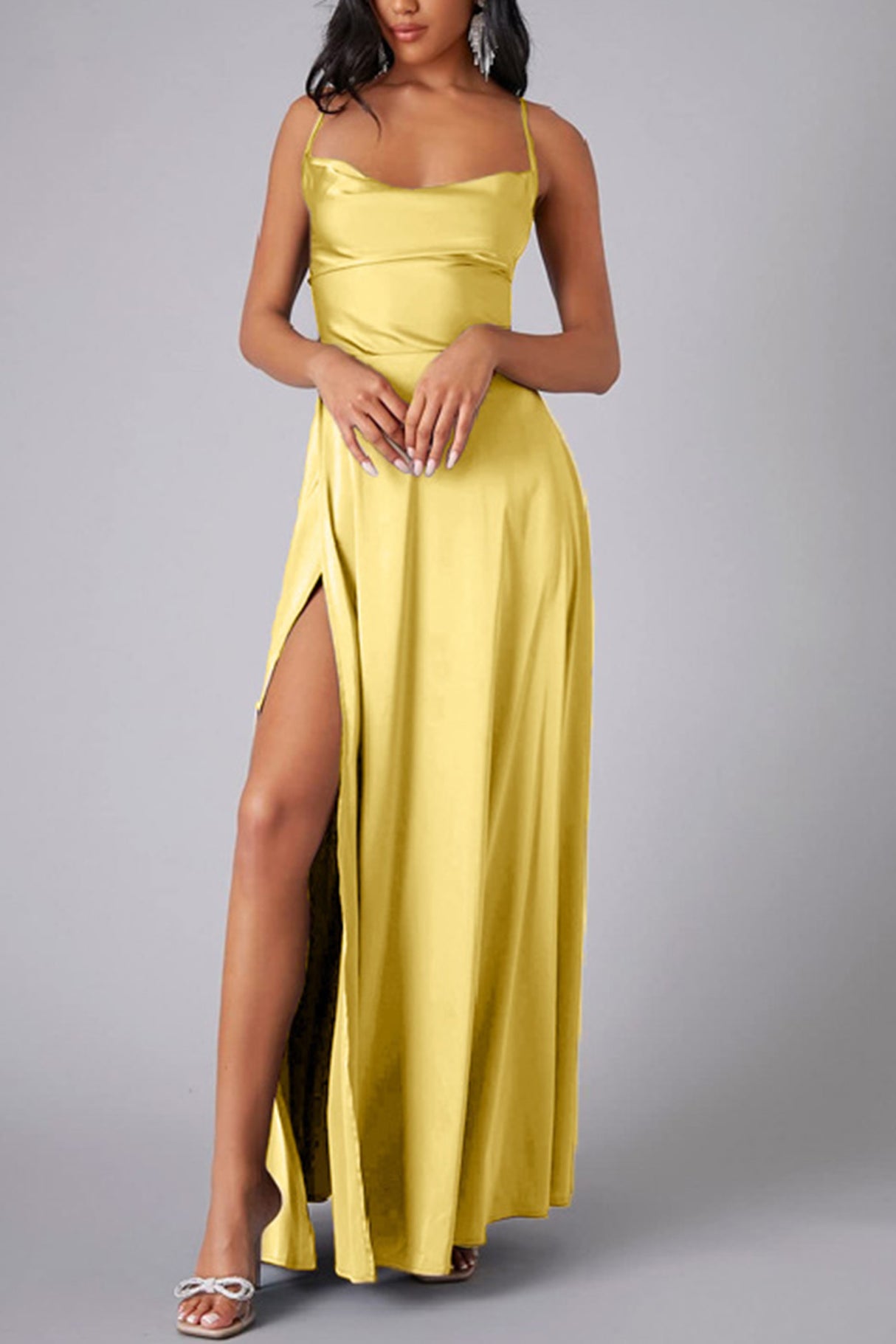 Arolora Satin Cowl Neck Tie-up Backless Slit Dress