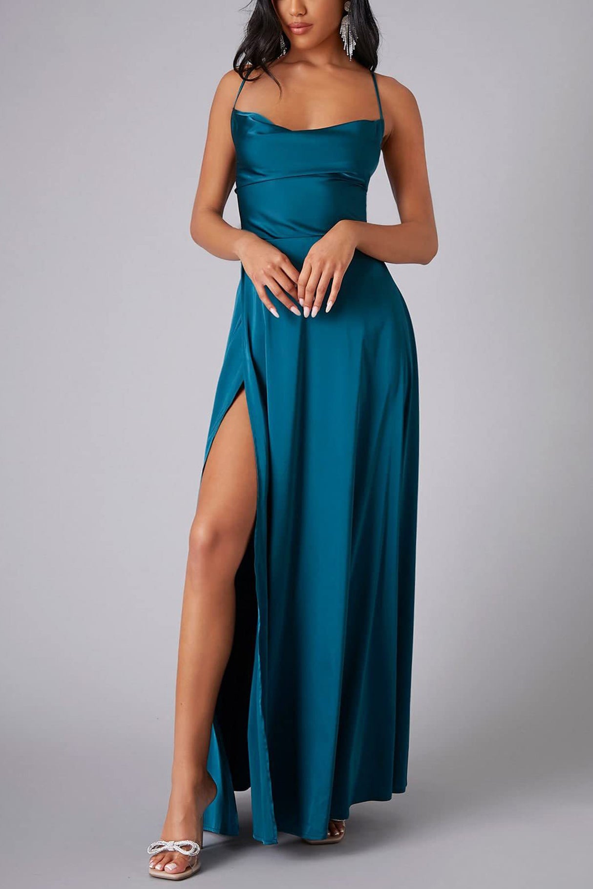 Arolora Satin Cowl Neck Tie-up Backless Slit Dress