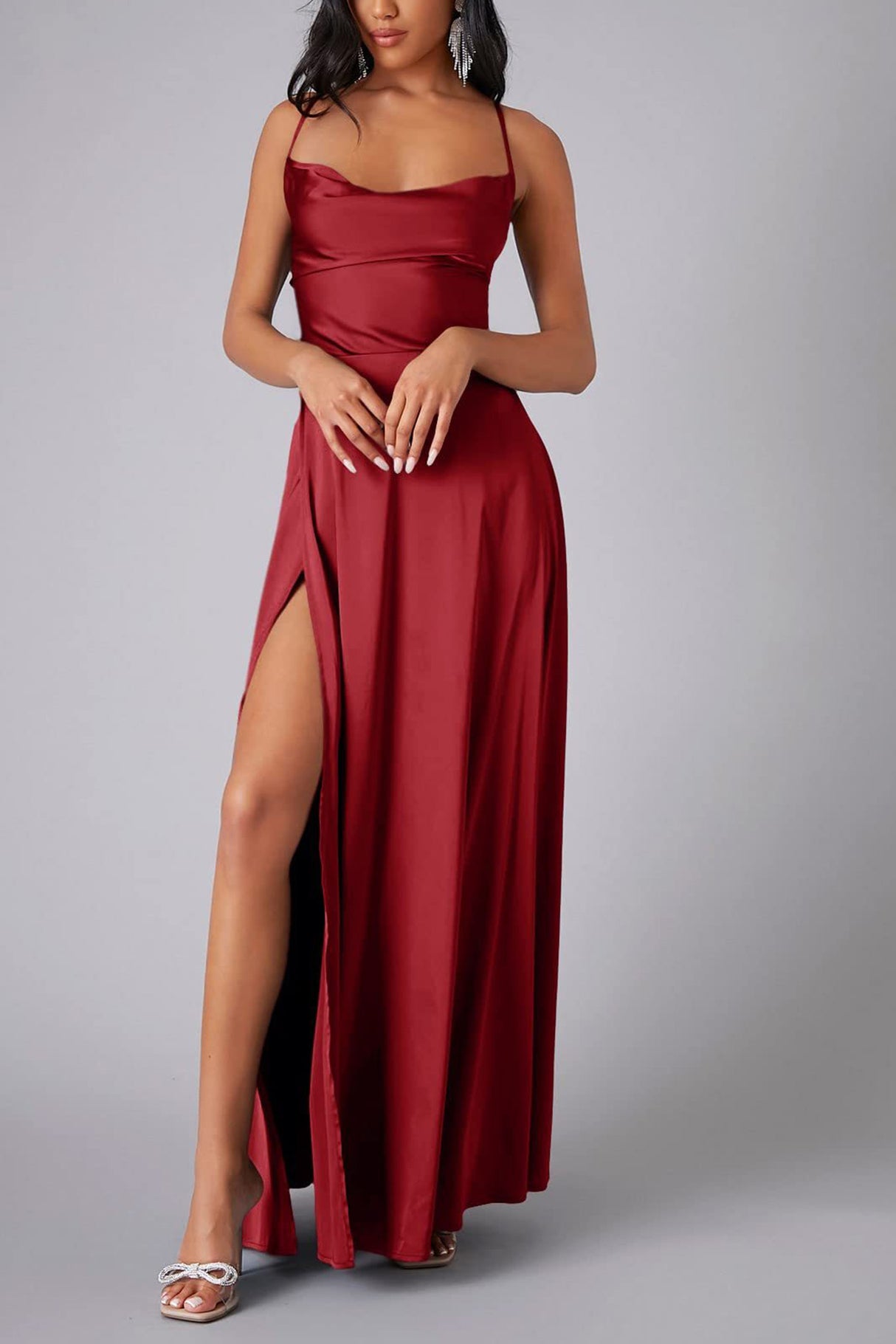 Arolora Satin Cowl Neck Tie-up Backless Slit Dress