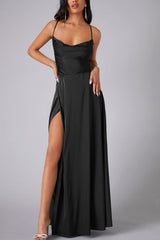 Arolora Satin Cowl Neck Tie-up Backless Slit Dress