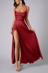 Arolora Satin Cowl Neck Tie-up Backless Slit Dress