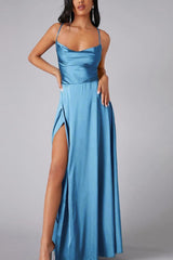 Arolora Satin Cowl Neck Tie-up Backless Slit Dress