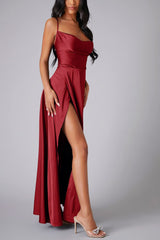 Arolora Satin Cowl Neck Tie-up Backless Slit Dress