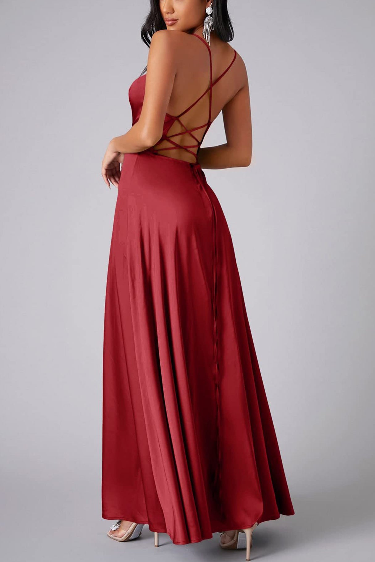 Arolora Satin Cowl Neck Tie-up Backless Slit Dress