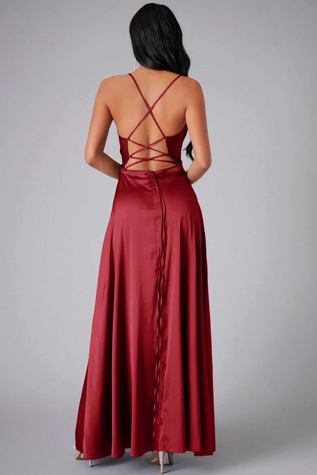 Arolora Satin Cowl Neck Tie-up Backless Slit Dress