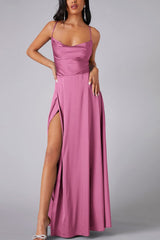 Arolora Satin Cowl Neck Tie-up Backless Slit Dress