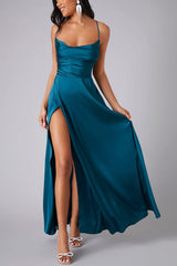 Arolora Satin Cowl Neck Tie-up Backless Slit Dress