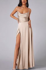 Arolora Satin Cowl Neck Tie-up Backless Slit Dress