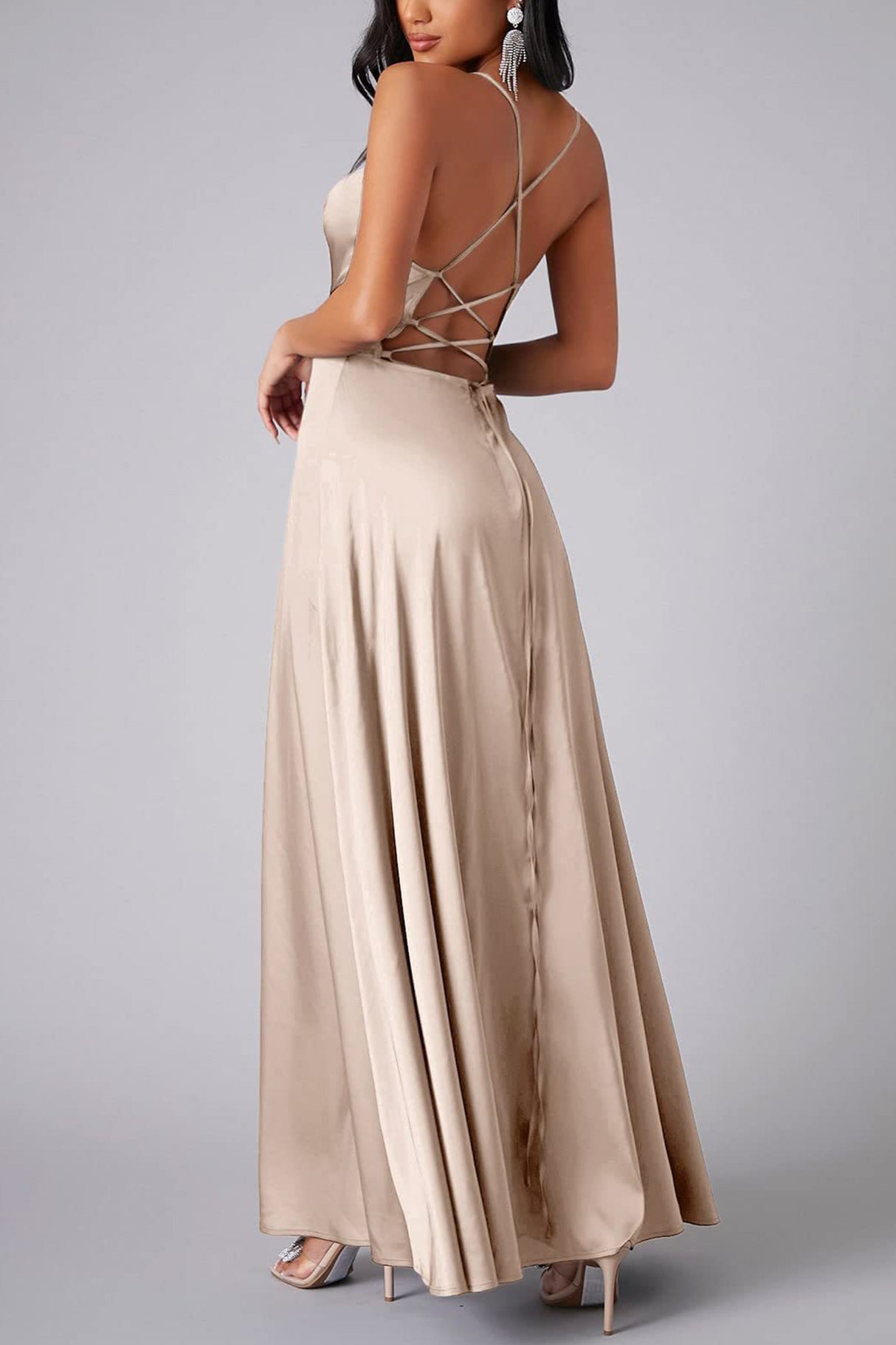Arolora Satin Cowl Neck Tie-up Backless Slit Dress