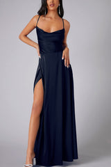 Arolora Satin Cowl Neck Tie-up Backless Slit Dress