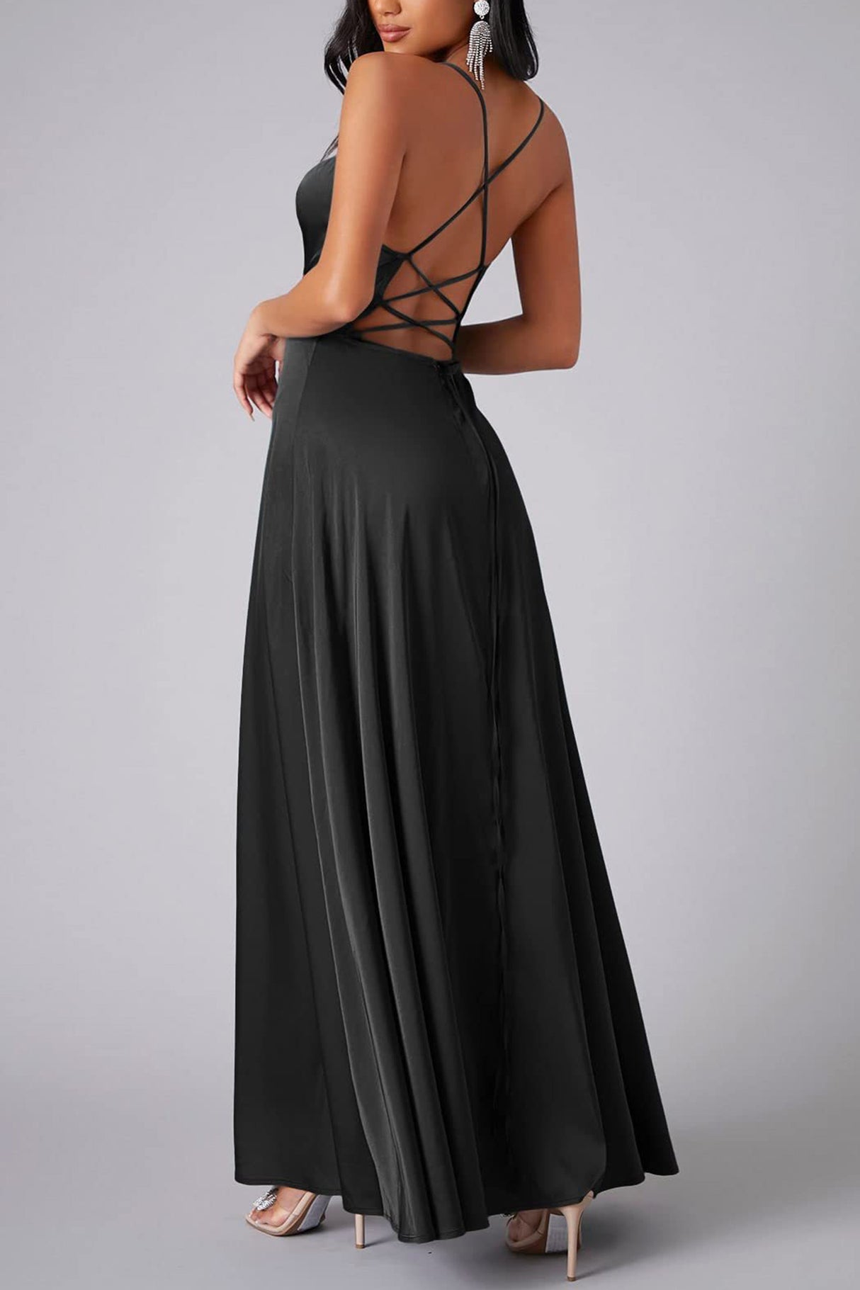 Arolora Satin Cowl Neck Tie-up Backless Slit Dress