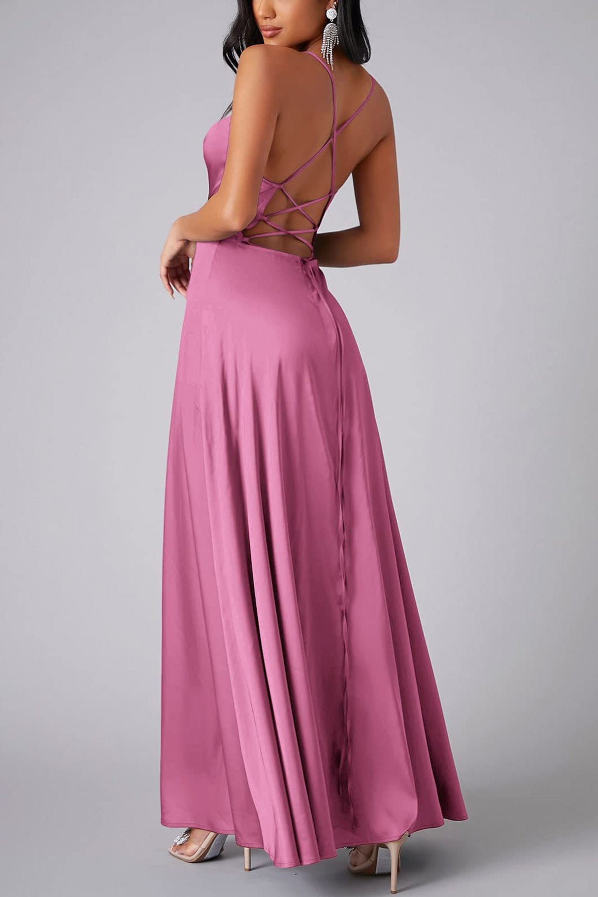 Arolora Satin Cowl Neck Tie-up Backless Slit Dress