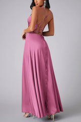 Arolora Satin Cowl Neck Tie-up Backless Slit Dress