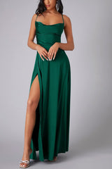 Arolora Satin Cowl Neck Tie-up Backless Slit Dress
