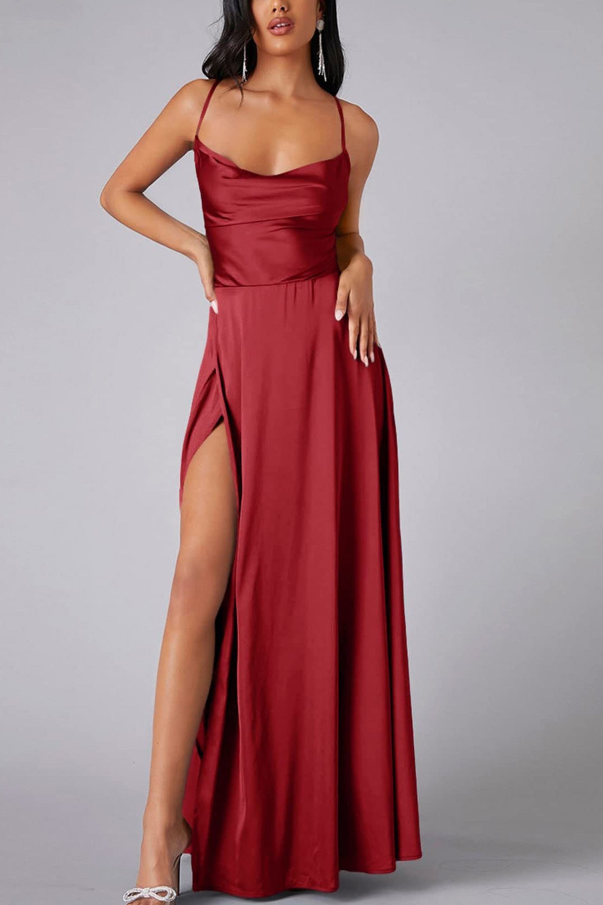 Arolora Satin Cowl Neck Tie-up Backless Slit Dress