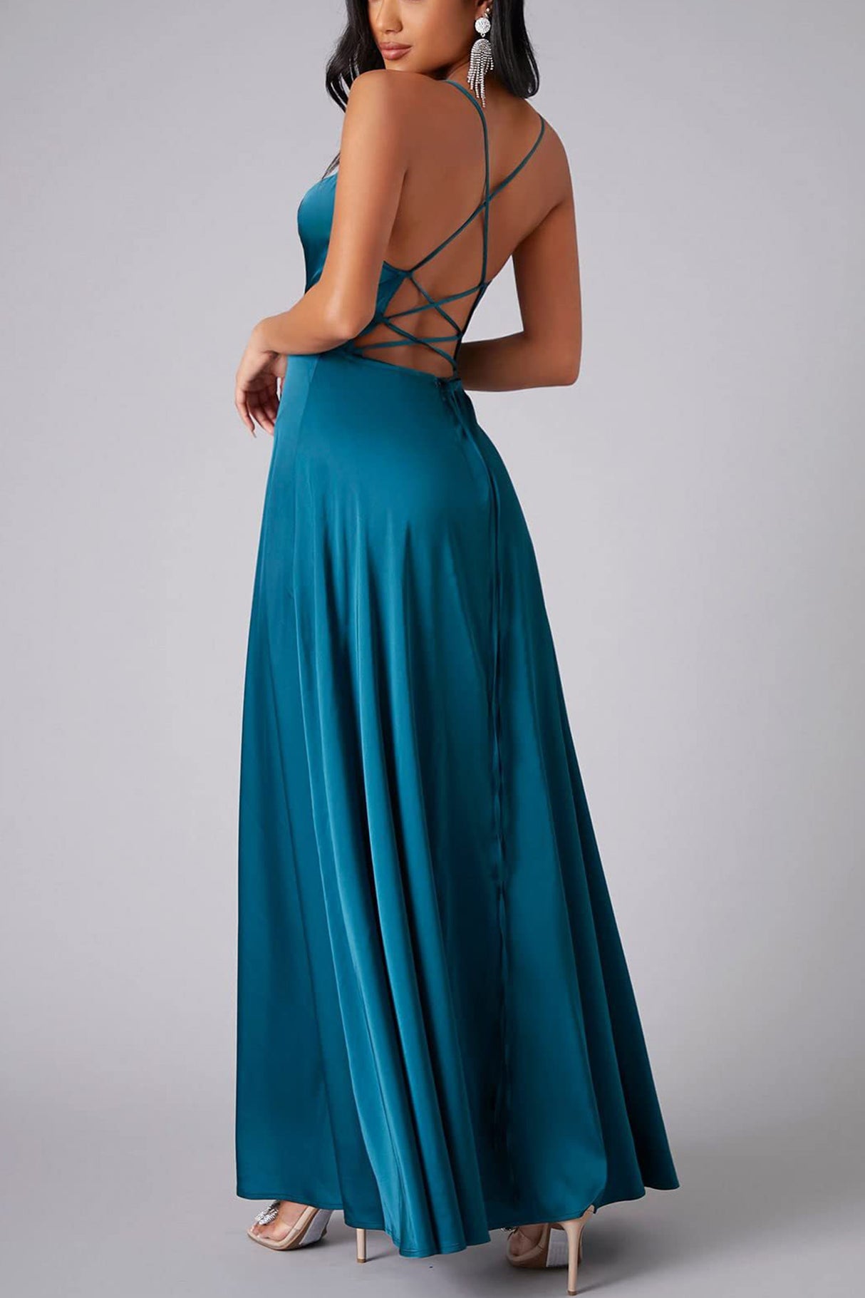 Arolora Satin Cowl Neck Tie-up Backless Slit Dress