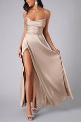 Arolora Satin Cowl Neck Tie-up Backless Slit Dress