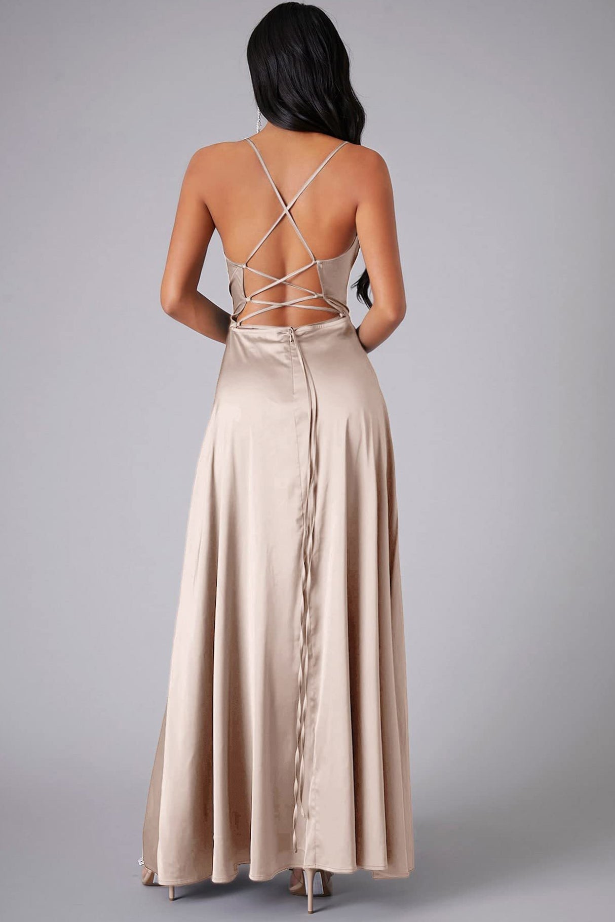 Arolora Satin Cowl Neck Tie-up Backless Slit Dress