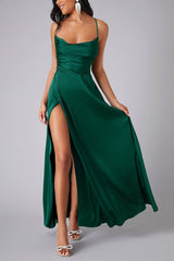 Arolora Satin Cowl Neck Tie-up Backless Slit Dress