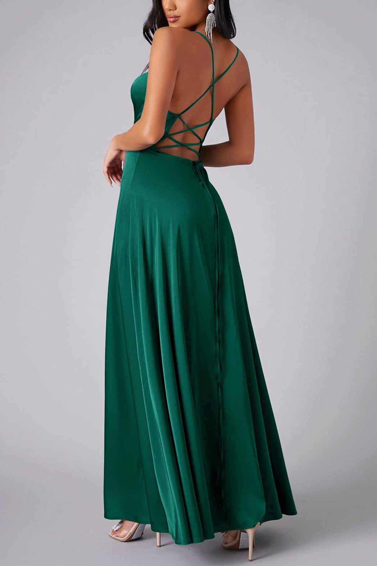 Arolora Satin Cowl Neck Tie-up Backless Slit Dress