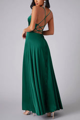 Arolora Satin Cowl Neck Tie-up Backless Slit Dress