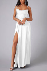 Arolora Satin Cowl Neck Tie-up Backless Slit Dress