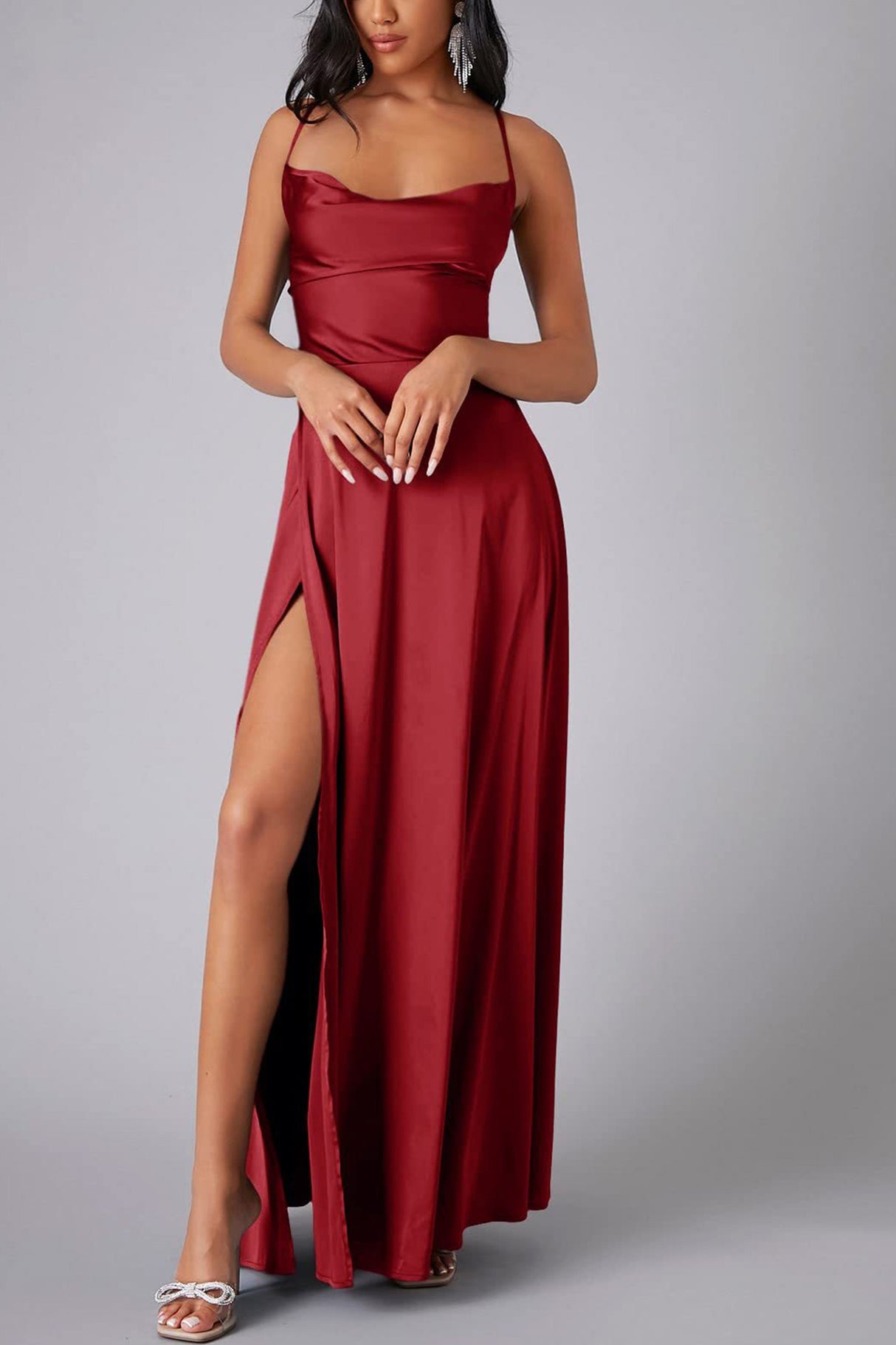 Arolora Satin Cowl Neck Tie-up Backless Slit Dress