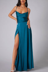 Arolora Satin Cowl Neck Tie-up Backless Slit Dress