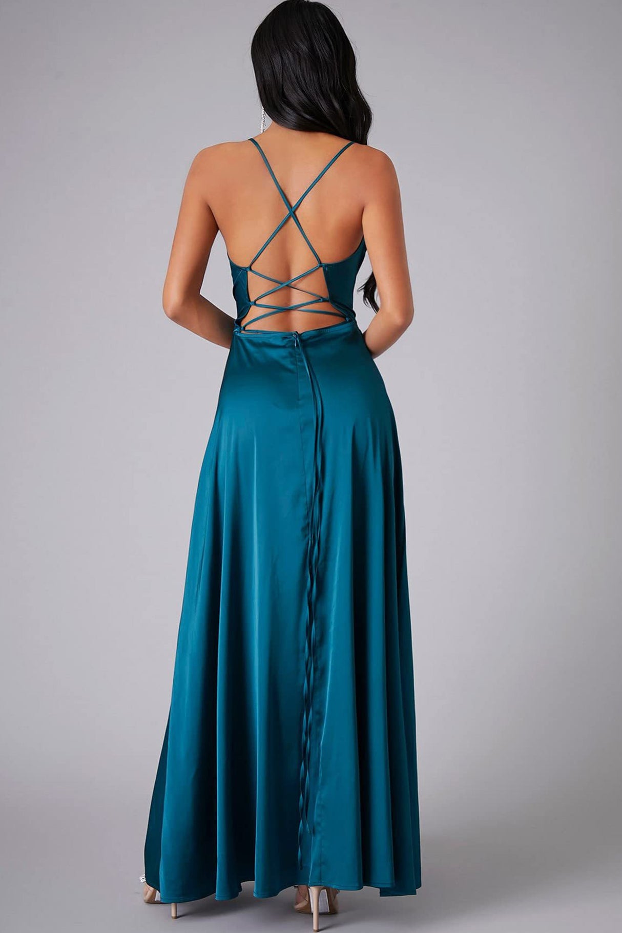 Arolora Satin Cowl Neck Tie-up Backless Slit Dress