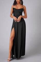 Arolora Satin Cowl Neck Tie-up Backless Slit Dress