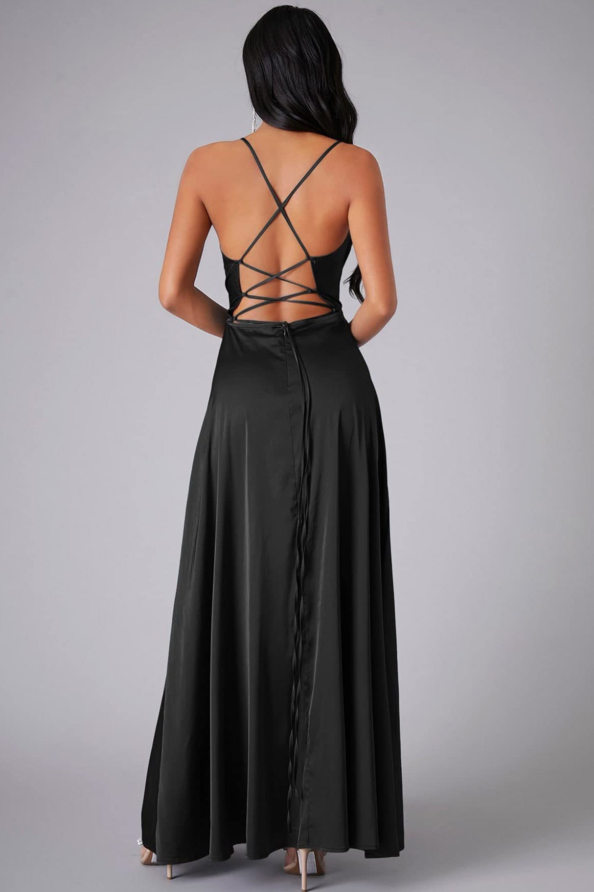 Arolora Satin Cowl Neck Tie-up Backless Slit Dress