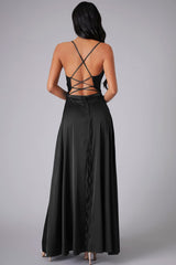 Arolora Satin Cowl Neck Tie-up Backless Slit Dress