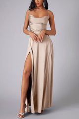 Arolora Satin Cowl Neck Tie-up Backless Slit Dress