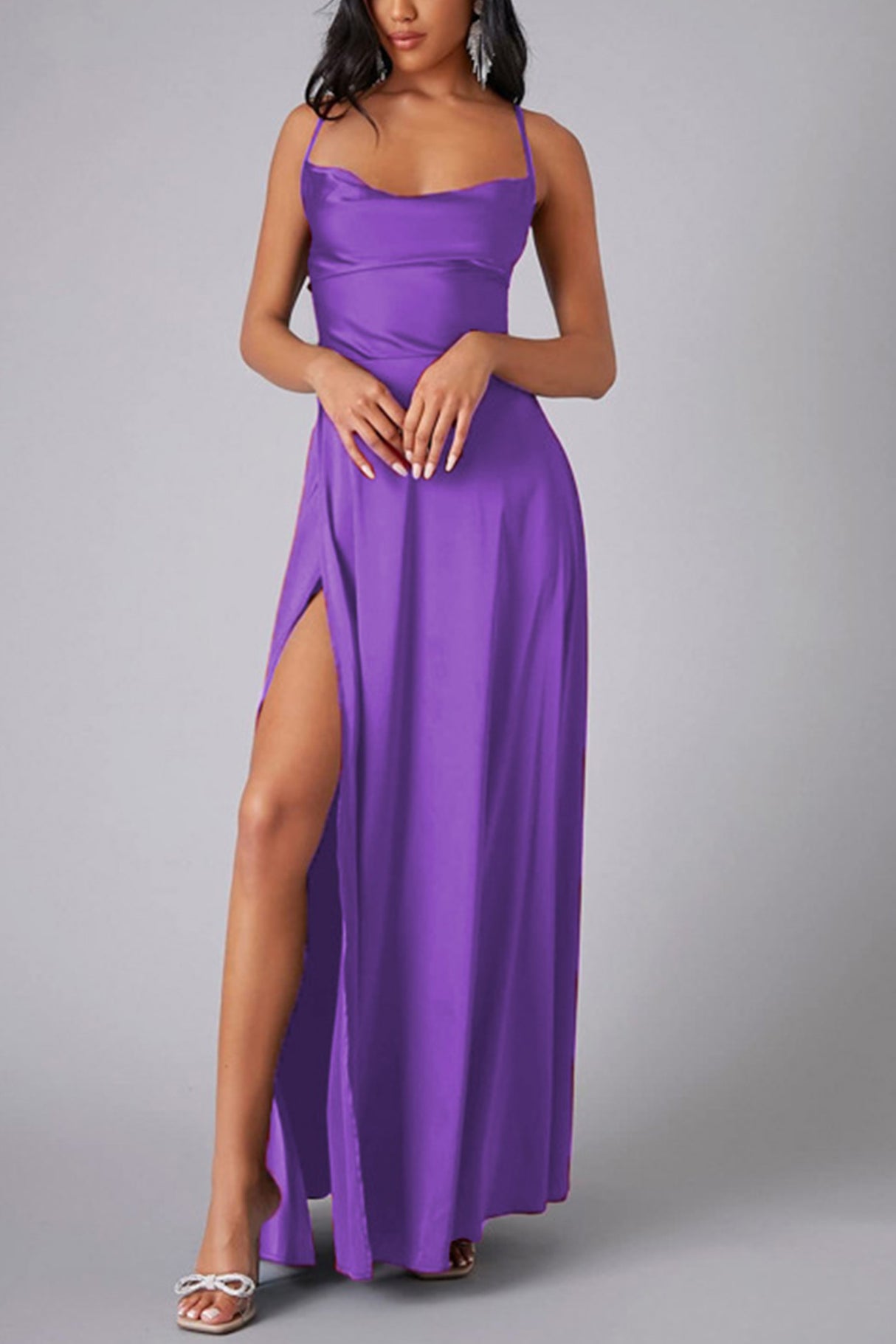 Arolora Satin Cowl Neck Tie-up Backless Slit Dress