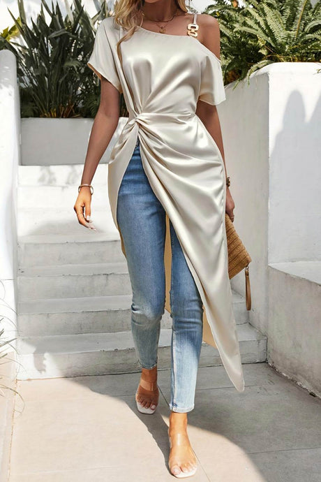 Arolora satin-drop-shoulder-ruched-slit-tops